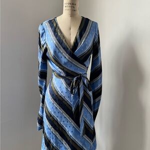 Diane Von Furstenberg Striped Blue Wrap Silk Dress Size 8
